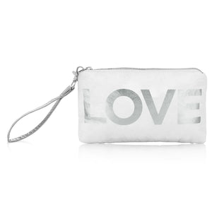 Zip Wristlet in Shimmer White with Silver Love