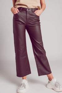 Faux Leather Wide Leg Trouser in Chocolate Brown