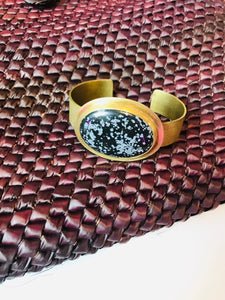 Bezeled Brass Cuff with Snowflake Obsidian Stone