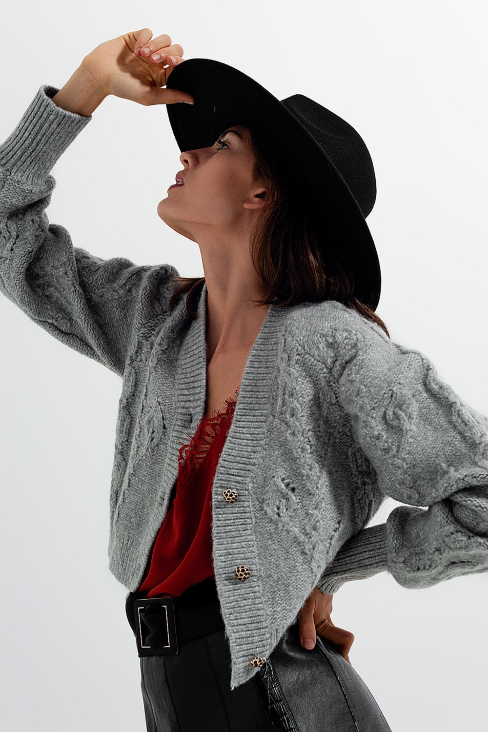 Knitted Long Sleeve Crystal Button Cardi in Gray