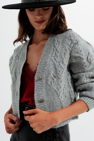 Knitted Long Sleeve Crystal Button Cardi in Gray